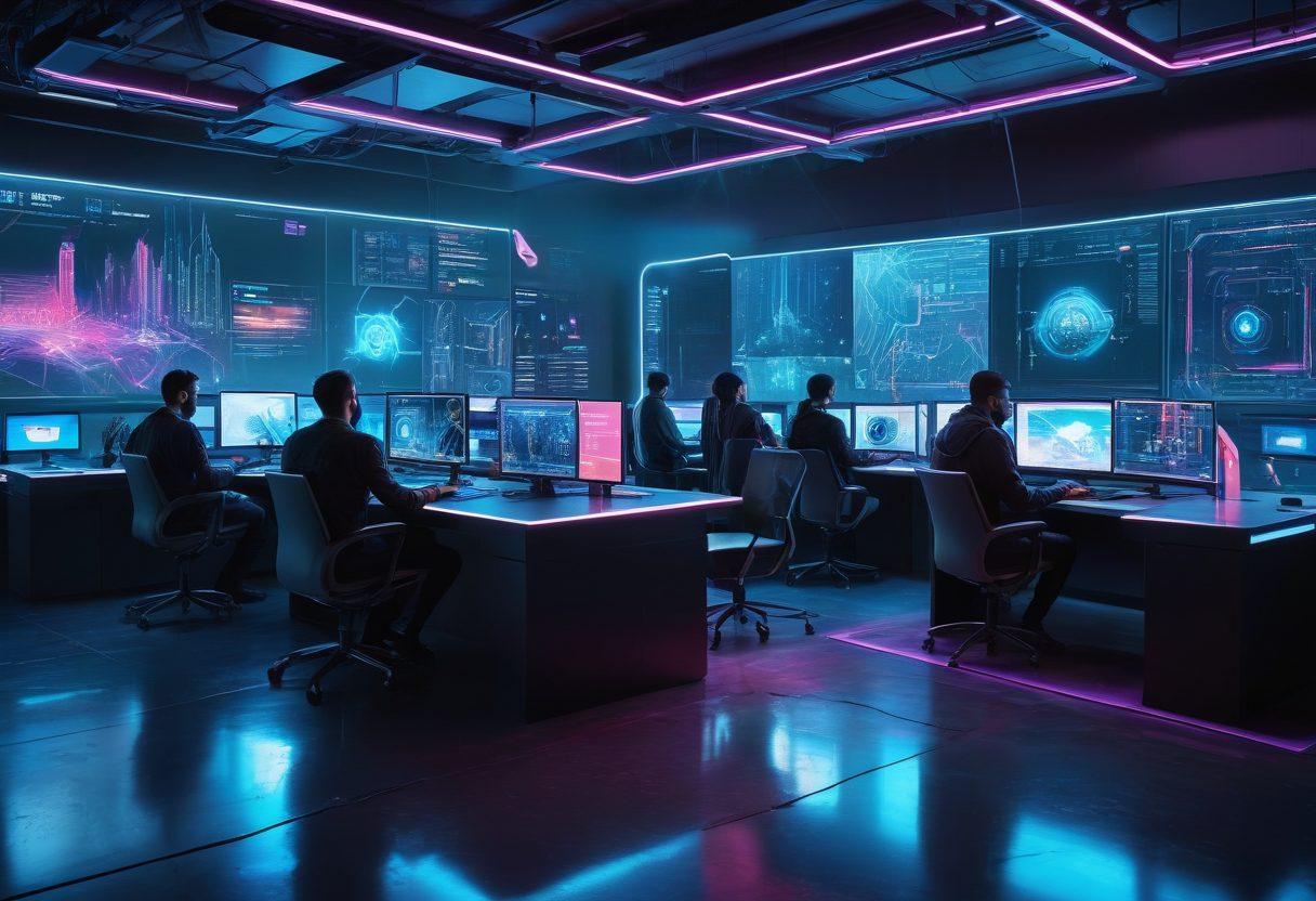 A futuristic workspace with a diverse team of designers and developers collaborating on sleek digital interfaces, holographic screens showcasing vibrant UI/UX elements, and advanced technologies like AI and VR tools. Emphasize innovation, creativity, and teamwork. cyberpunk theme. vibrant colors. super-realistic.