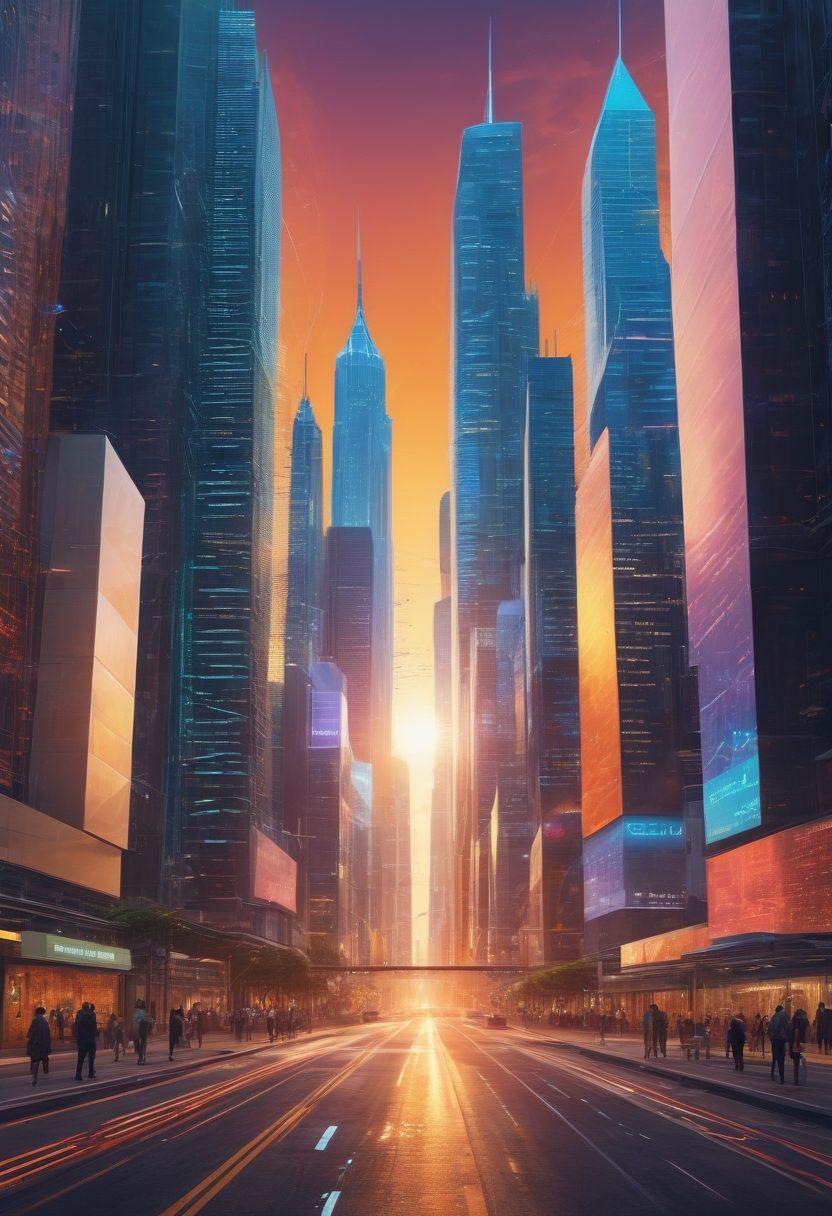 A futuristic cityscape with towering skyscrapers made of code and data streams, seamlessly blending technology and creativity. The city's streets are filled with diverse, animated characters representing various web technologies, collaborating and innovating. A digital sun rising on the horizon symbolizes a new era of web development. super-realistic. vibrant colors. dynamic composition.